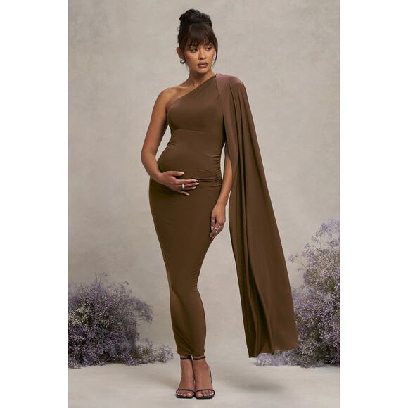 NWT Club L Amaryllis One Shoulder Cape Sleeve Maxi Dress Chocolate Maternity 6 - Picture 1 of 7